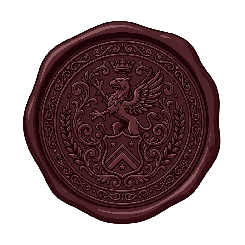 A detailed embossed seal featuring a griffon with wings, crown, and ornate heraldic elements.