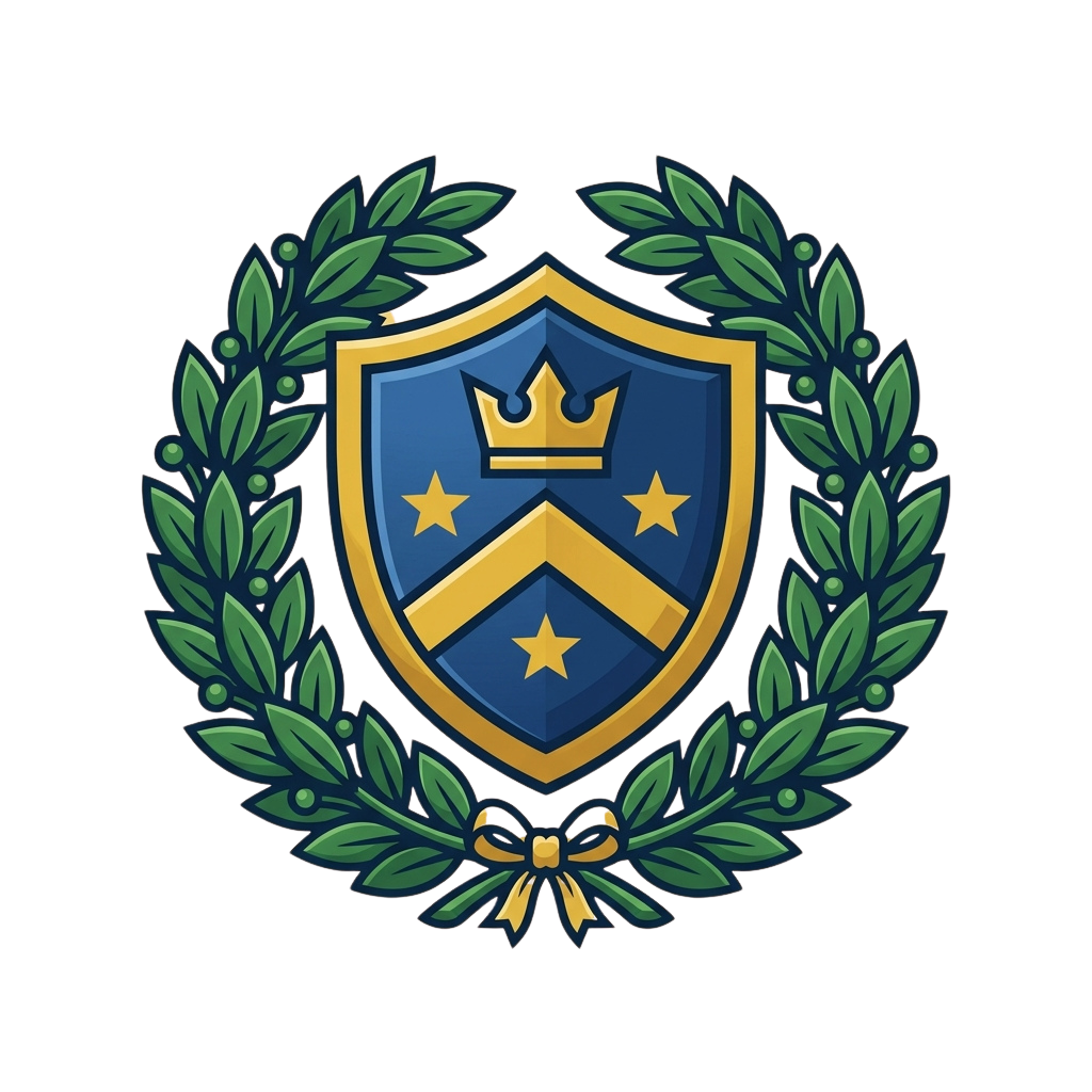 A royal shield with a crown and three stars on a blue background framed by a green laurel wreath with a decorative bow.