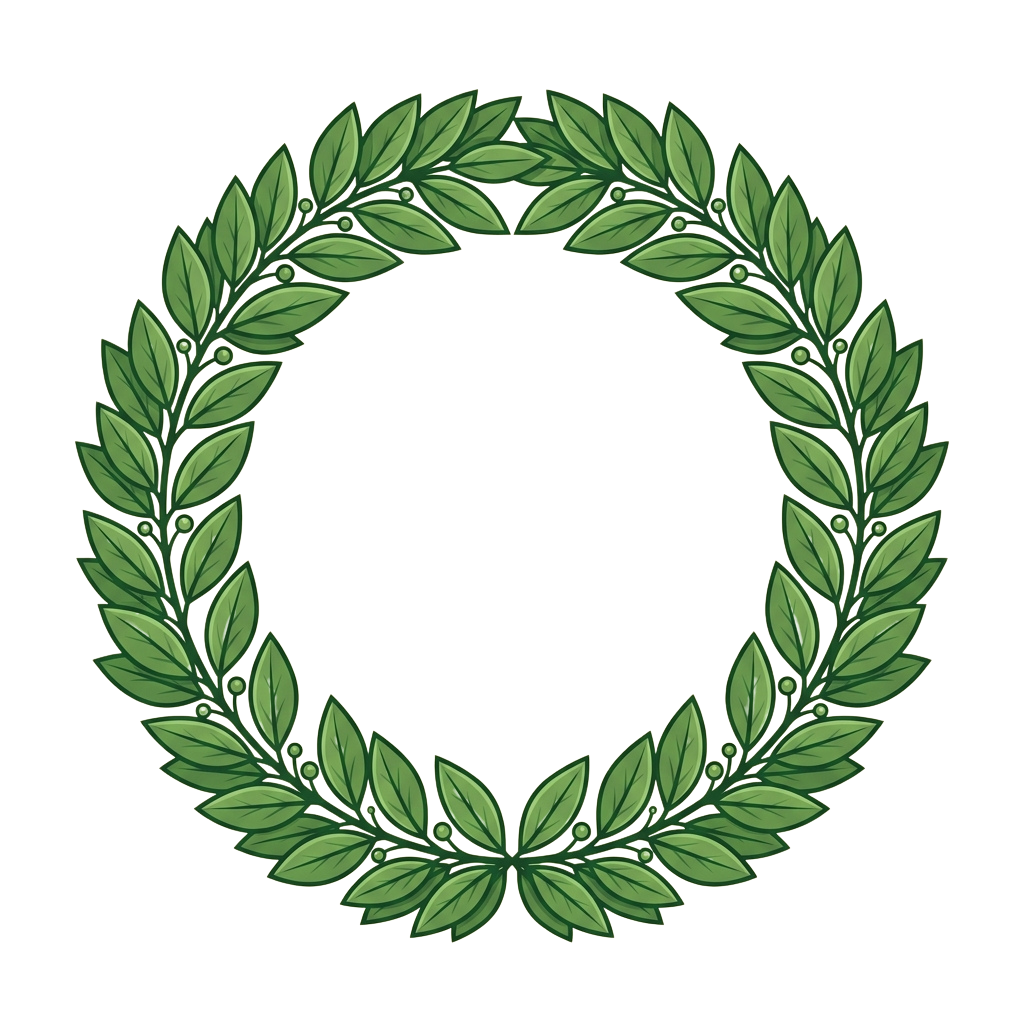 A circular laurel wreath composed of green leaves and small dots along the stems