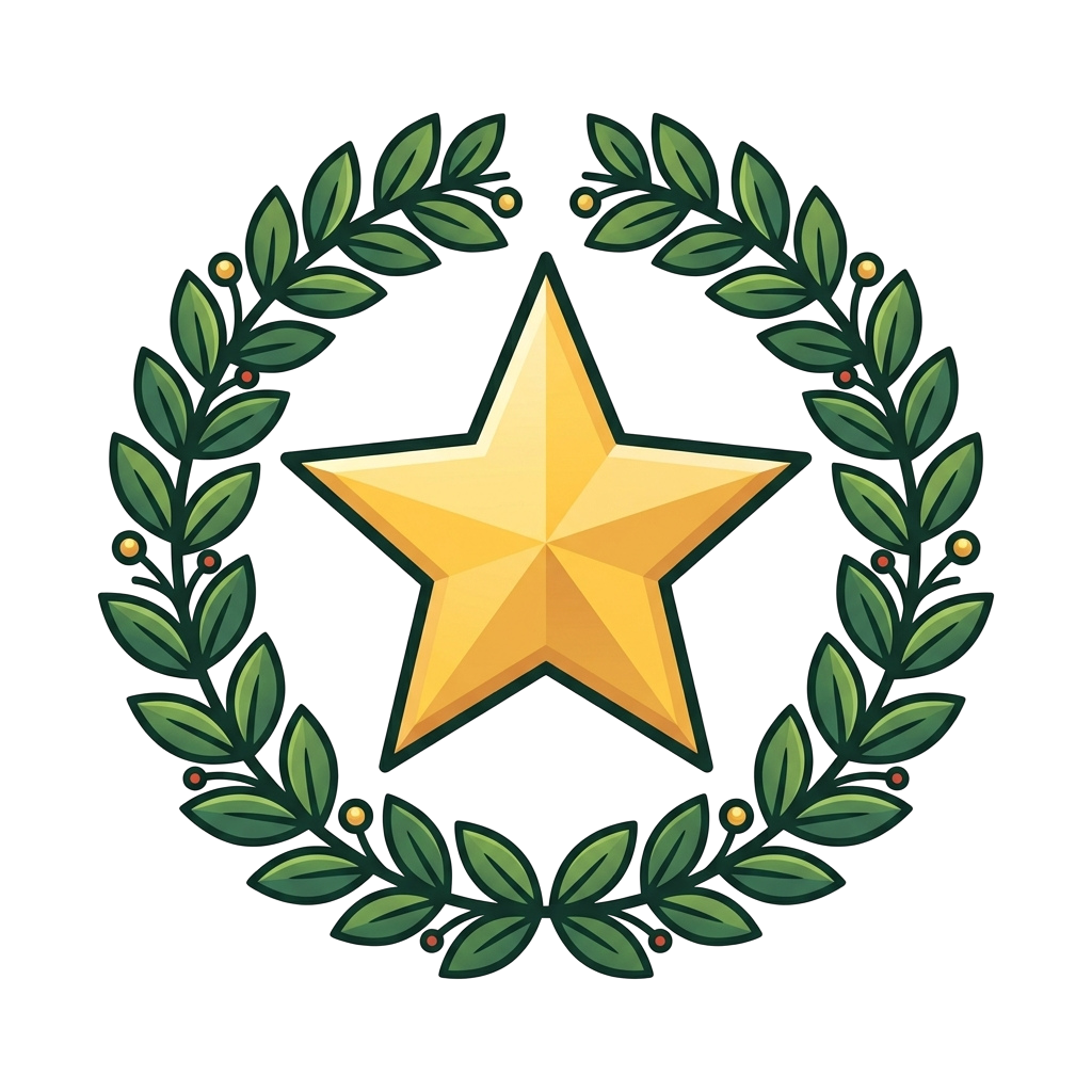 A bright golden star surrounded by a circular laurel wreath with green leaves and small berries