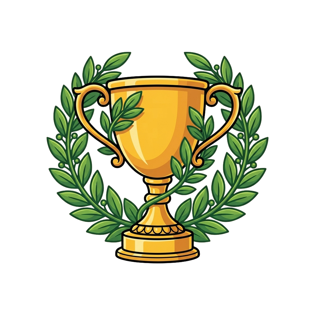 A golden trophy cup surrounded by a green laurel wreath on a dark background