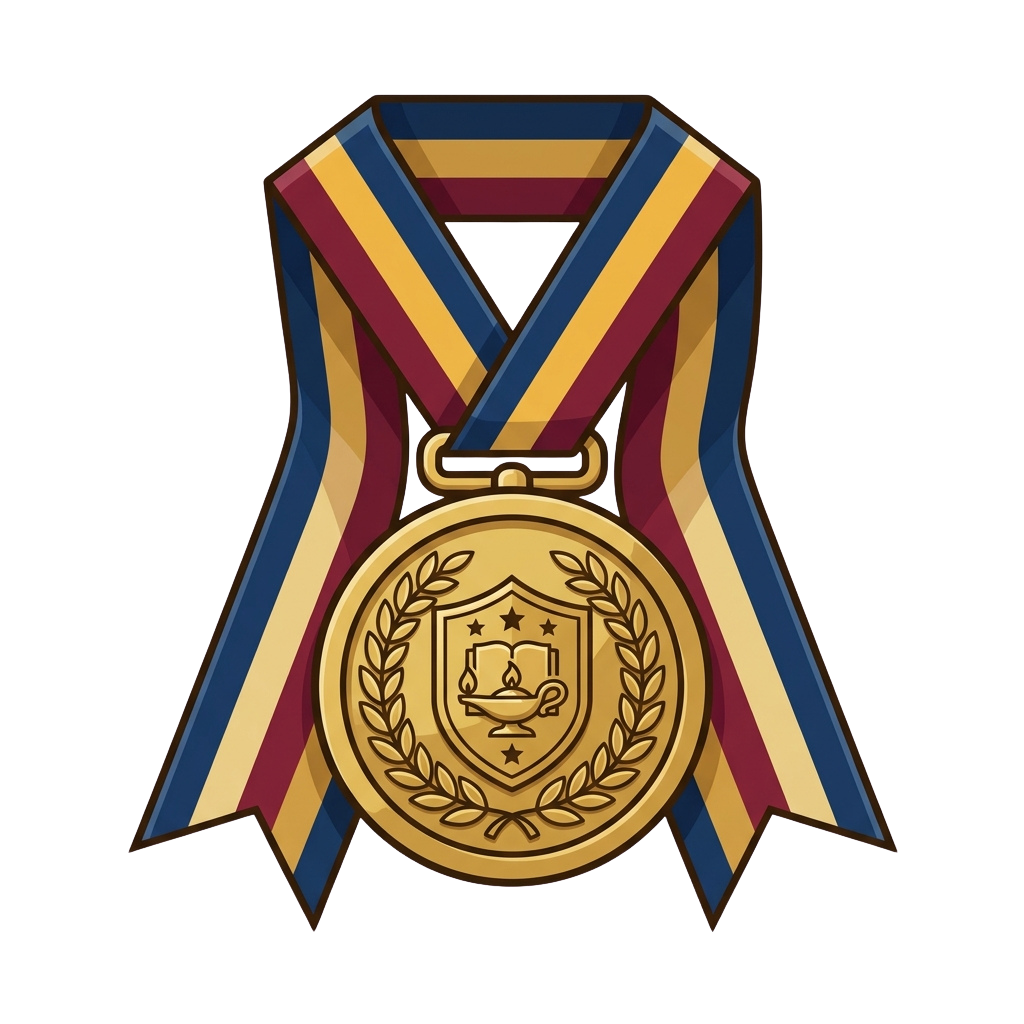Illustration of a gold academic medal with a ribbon featuring blue, gold, and maroon stripes