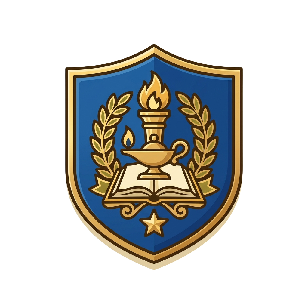 Shield emblem featuring an open book, lamp with flame, laurel wreath, and star on blue background