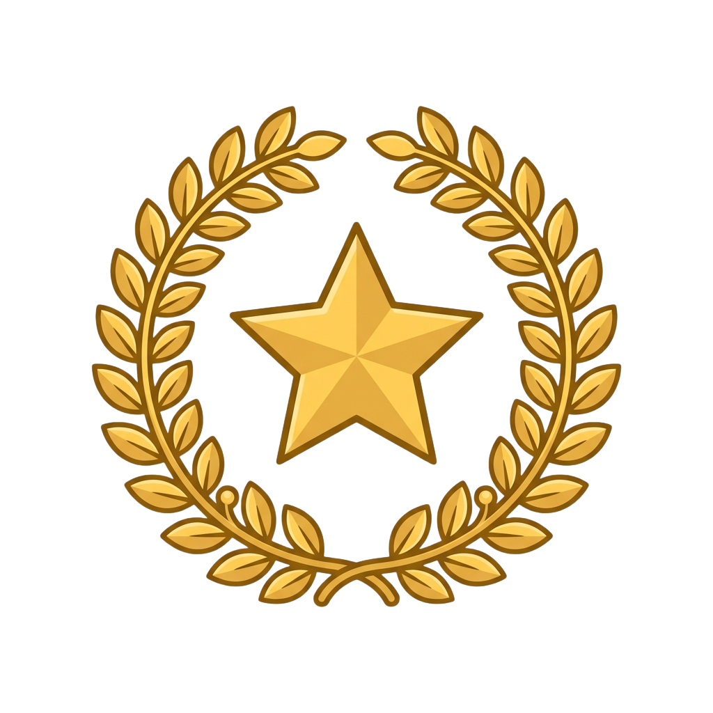 A gold-colored star centered inside a laurel wreath emblem on a dark background