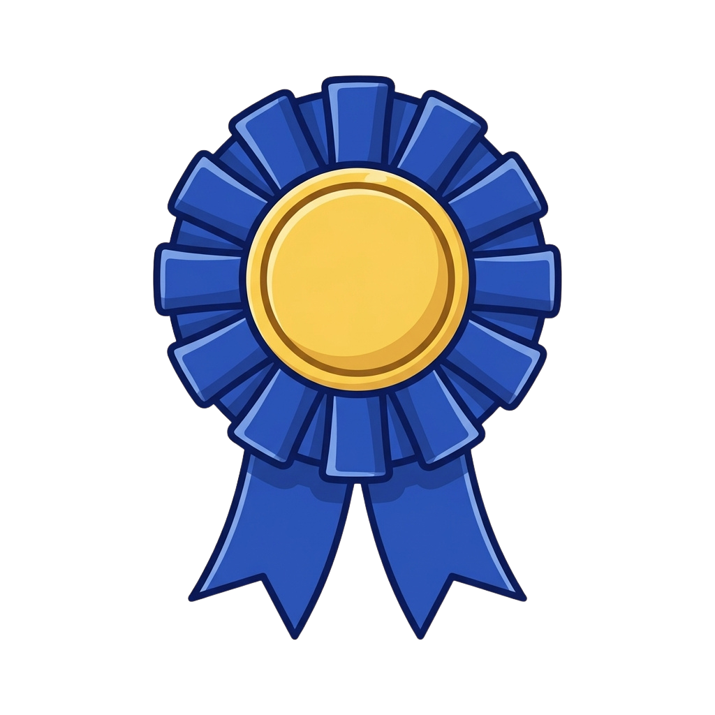 Illustration of a blue ribbon award badge with a gold center circle