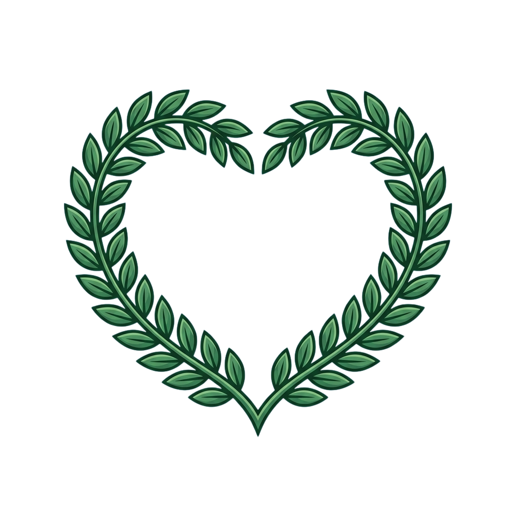 A heart-shaped wreath made of green laurel leaves against a black background