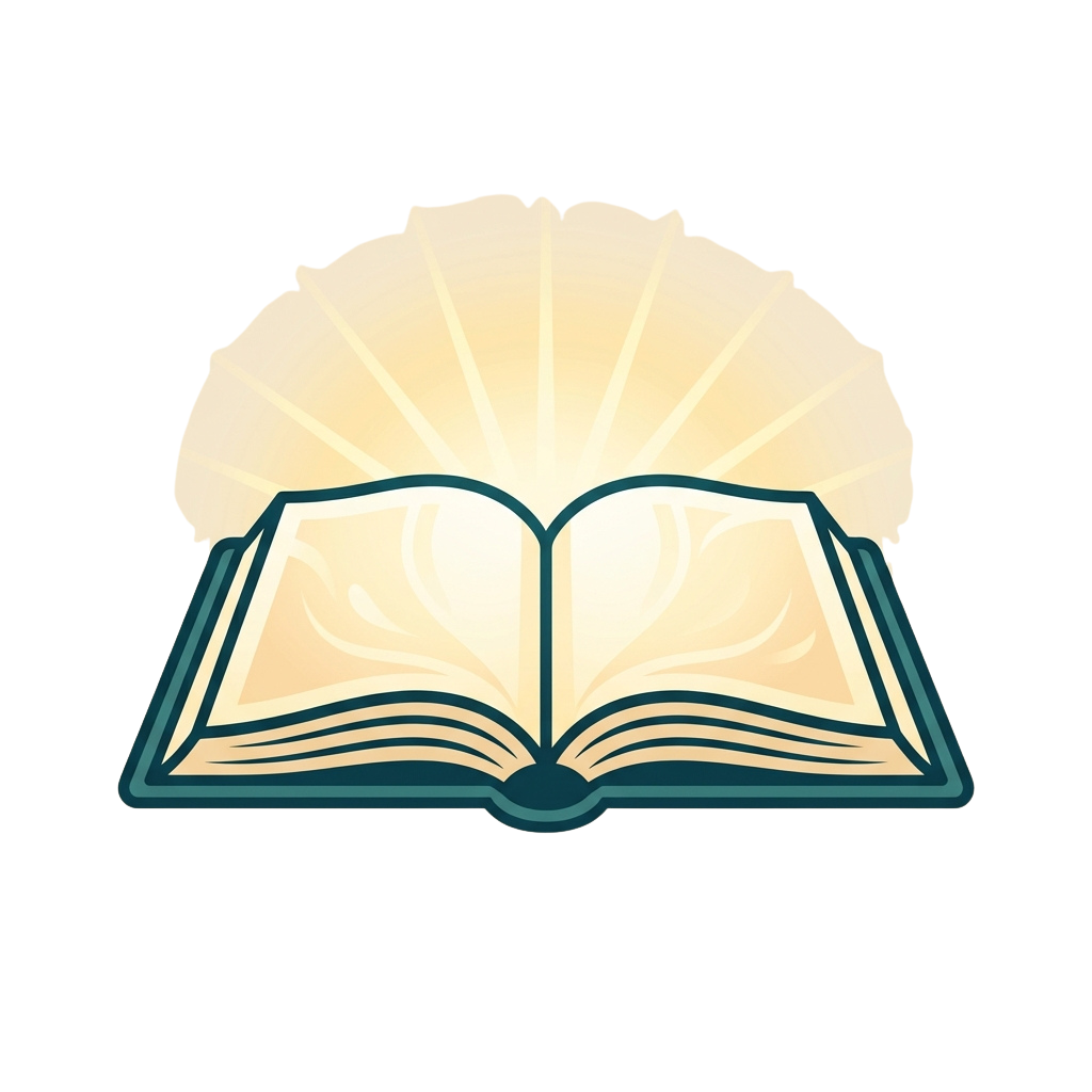 Illustration of an open book with light rays emanating from the pages