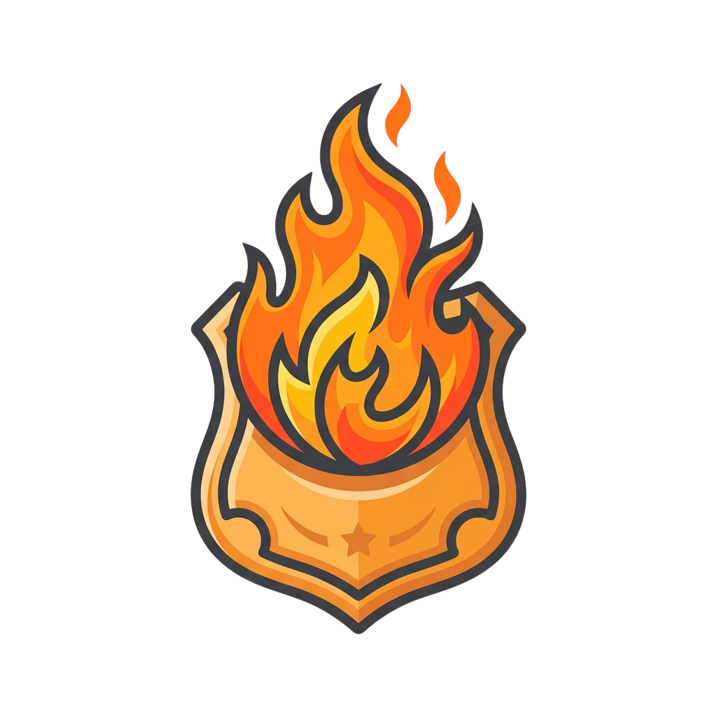 A stylized flame-shaped emblem with an orange gradient and decorative base featuring a star.