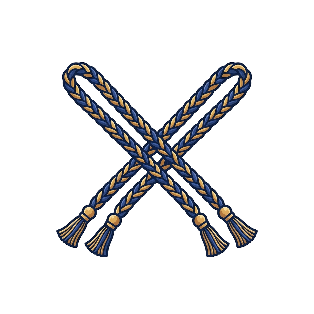 Two crossed braided cords in blue and gold with tassels at the ends