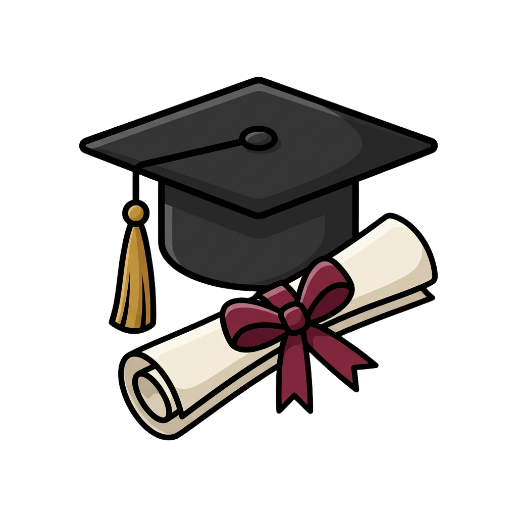 Illustration of a graduation cap with a tassel and a rolled diploma tied with a bow