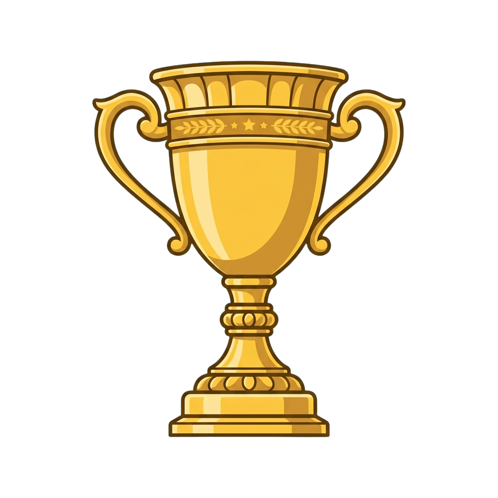 A shiny golden trophy cup with two handles and decorative stars on the rim against a black background