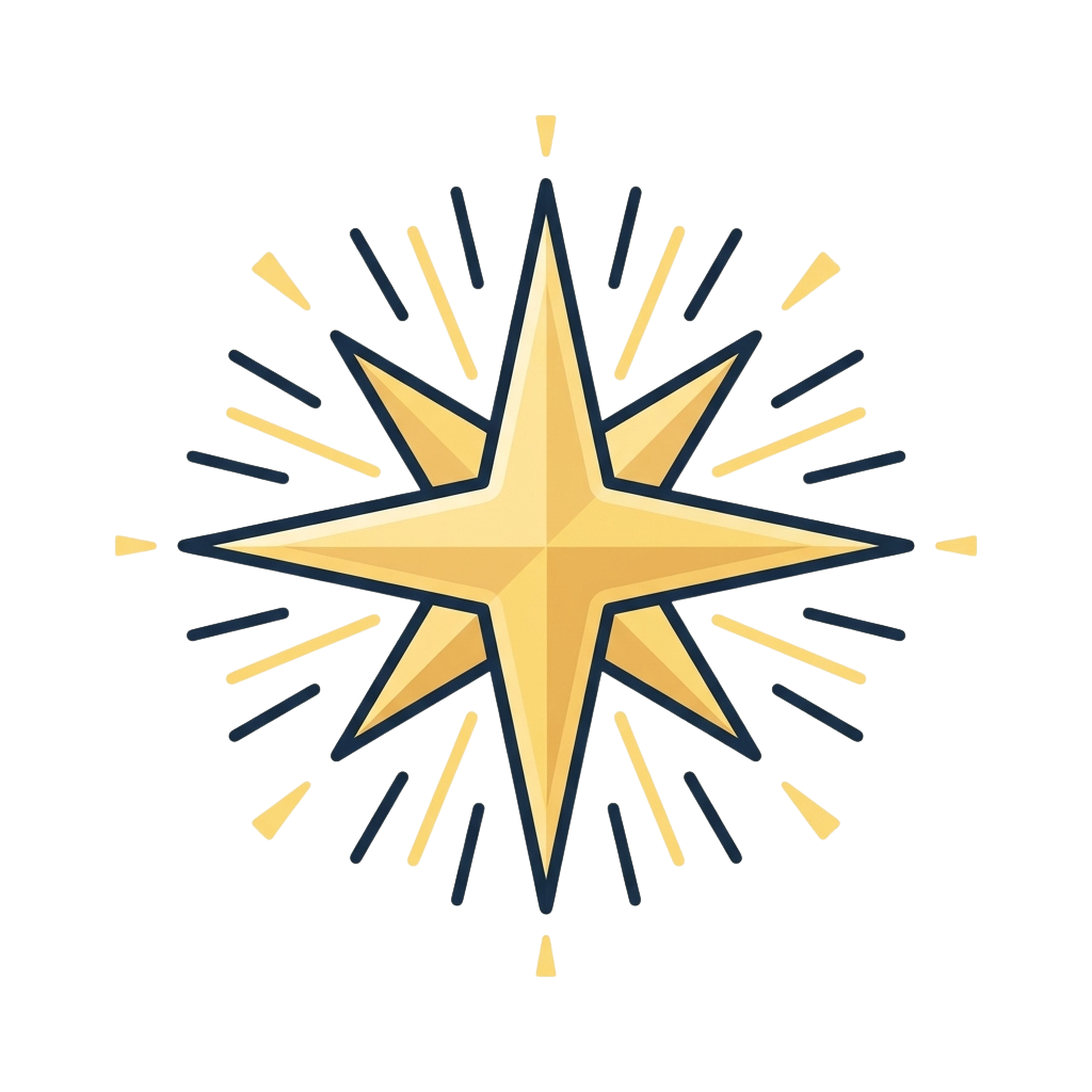 A stylized, glowing starburst graphic with a golden center and radiating light beams on a dark background
