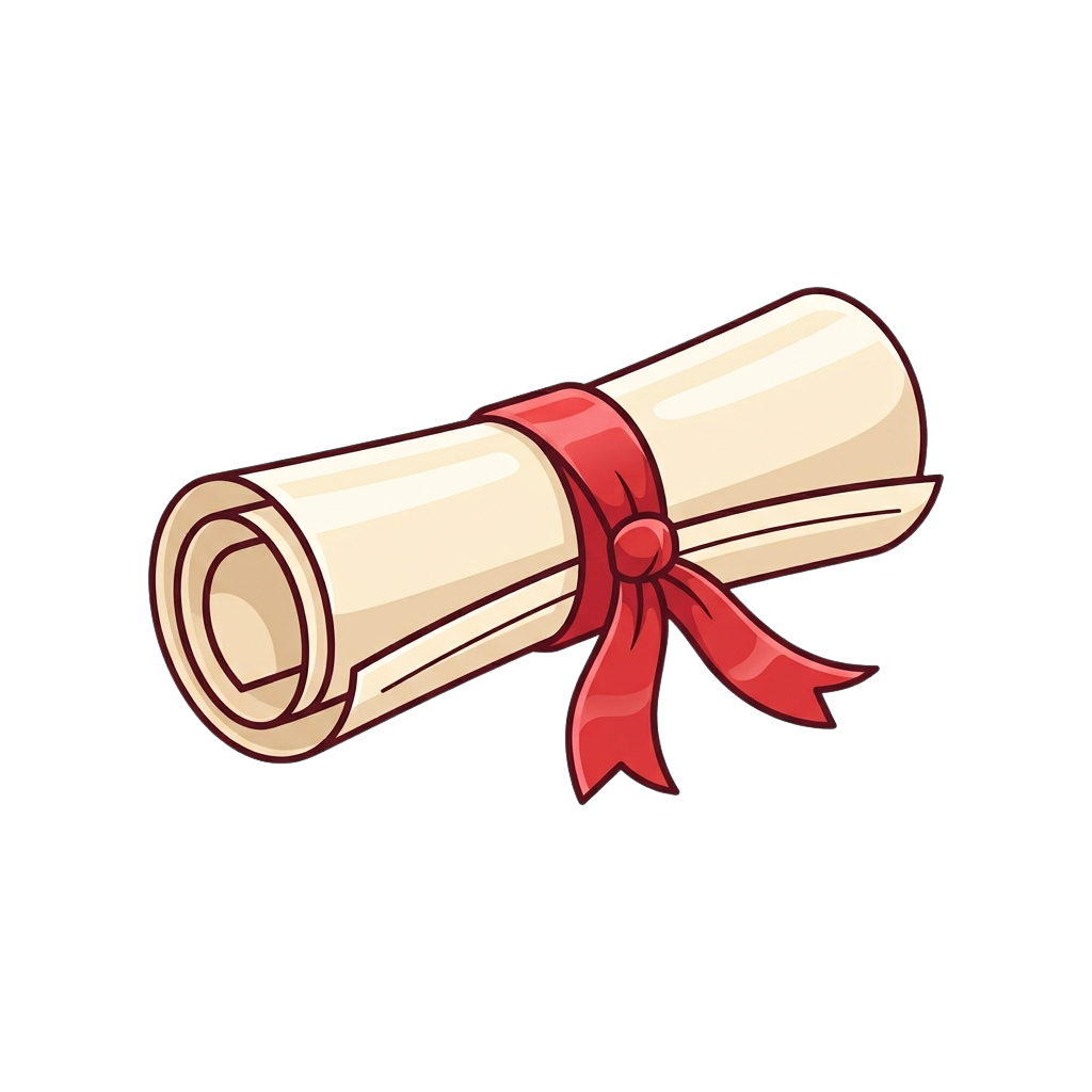 Illustration of a rolled diploma with a red ribbon tied in a bow