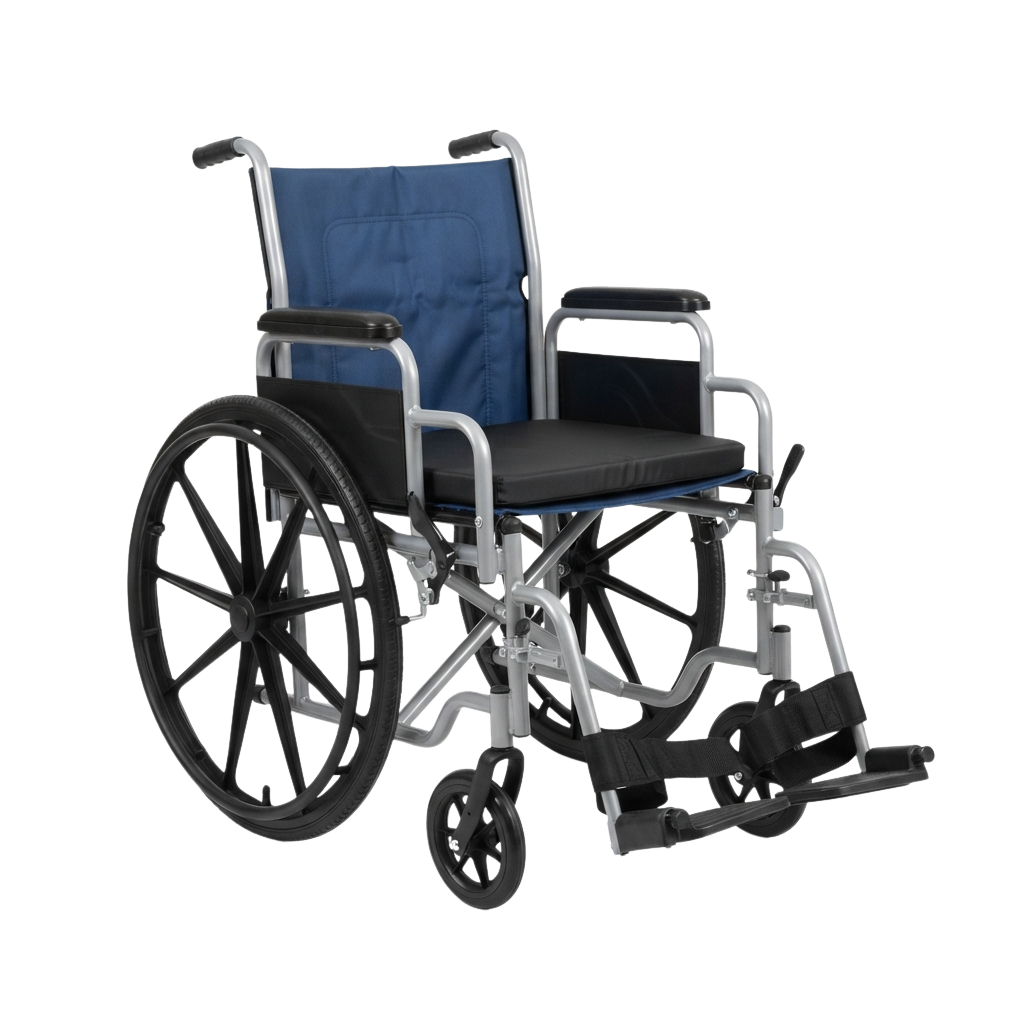 A manual wheelchair featuring a blue backrest, black seat, and silver frame with large rear wheels and footrests.