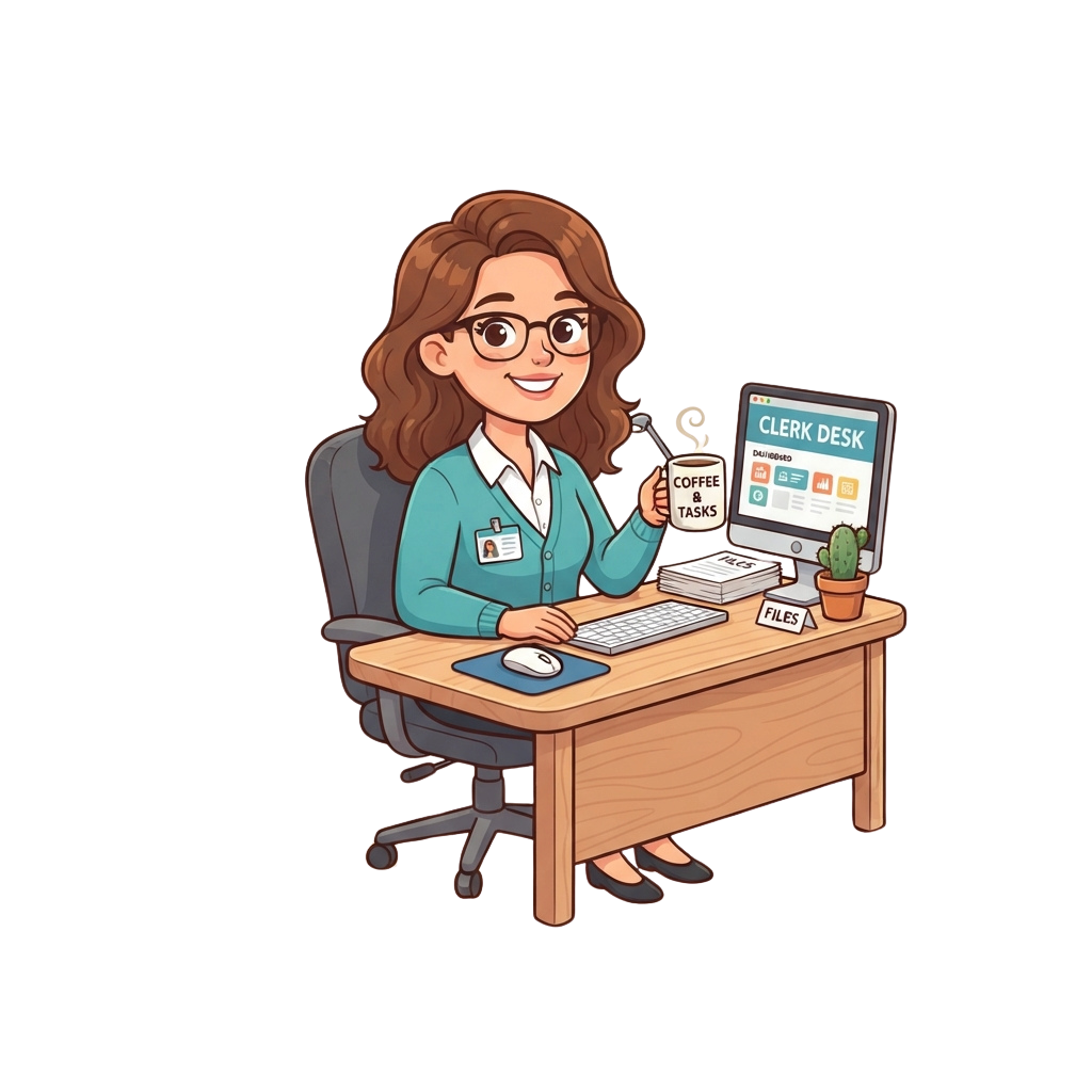 A cheerful clerk sitting at a desk holding a coffee mug, working on a computer labeled Clerk Desk