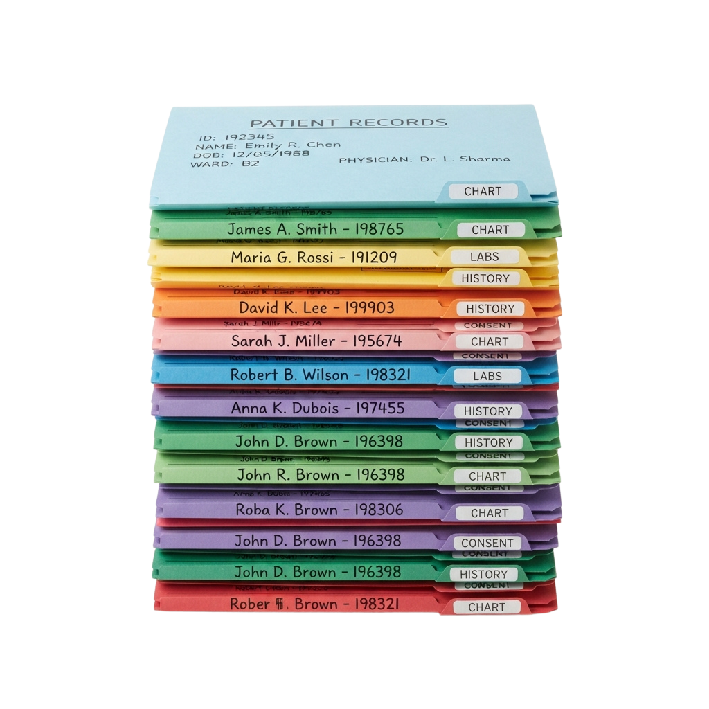 Stack of color-coded patient record folders labeled with names, IDs, and chart types