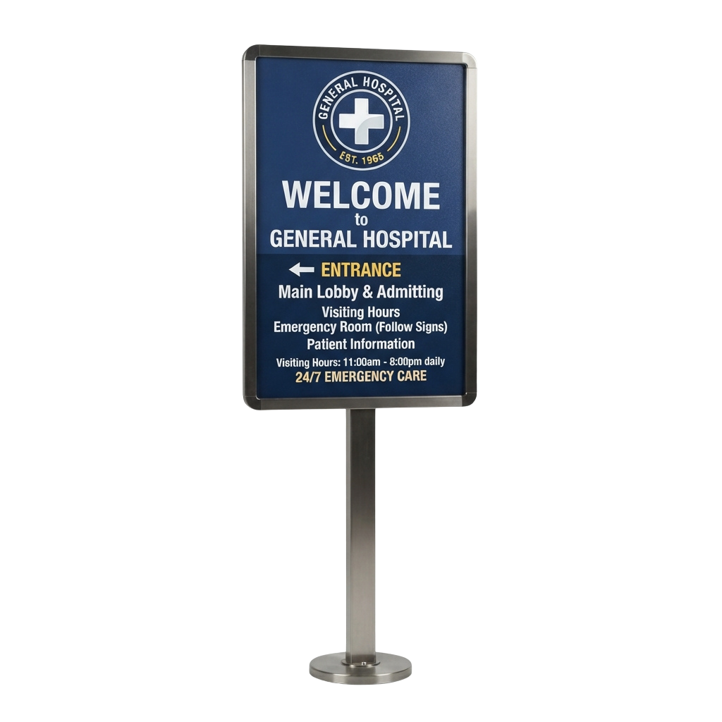 Hospital welcome sign showing entrance directions, visiting hours, and emergency care info