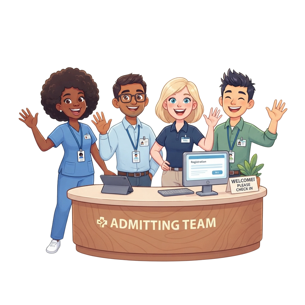 Four smiling staff members waving at a reception desk labeled Admitting Team with a computer showing registration form