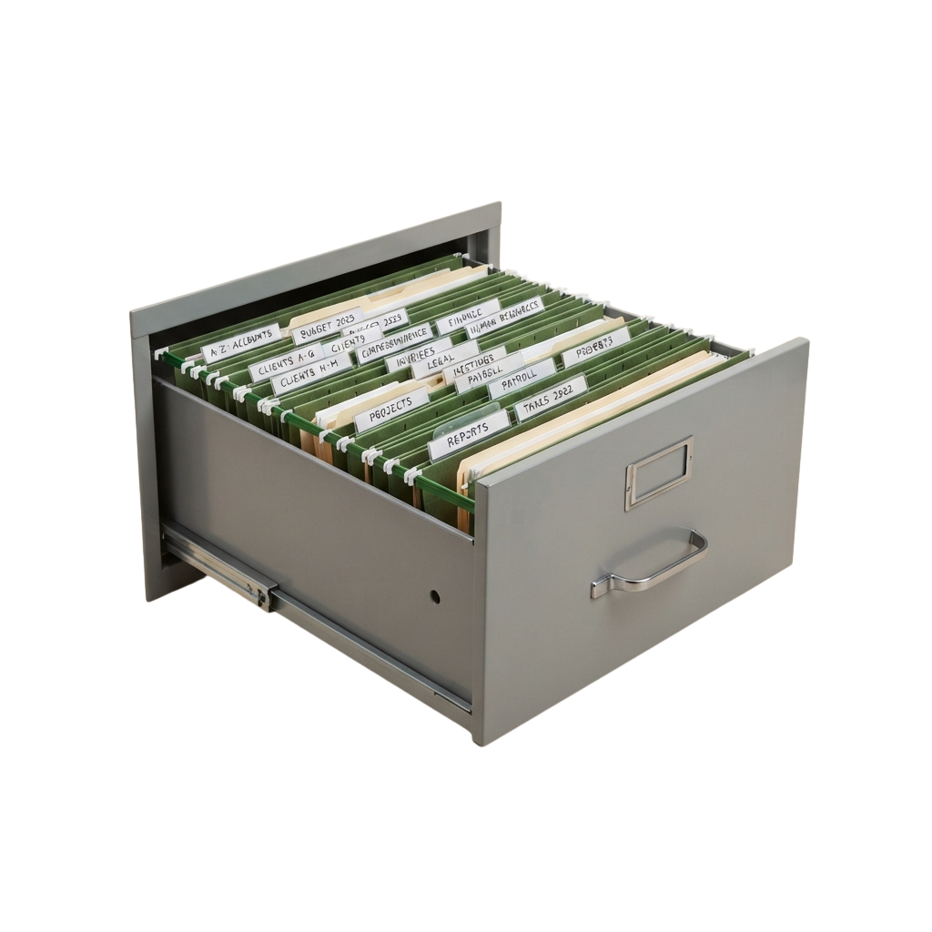Open metal filing cabinet drawer with green and tan file folders labeled with various categories