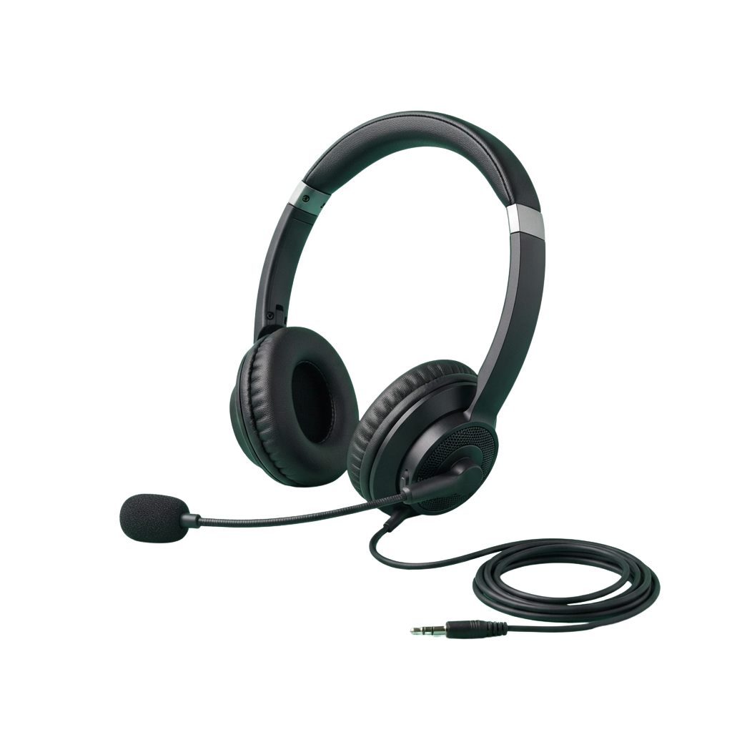 Black over-ear headset with built-in microphone and coiled cord on black background