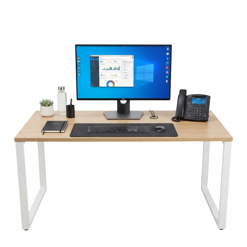 A clean workspace with a large monitor, keyboard, mouse, phone, notebook, and small potted plant on a light wooden desk.