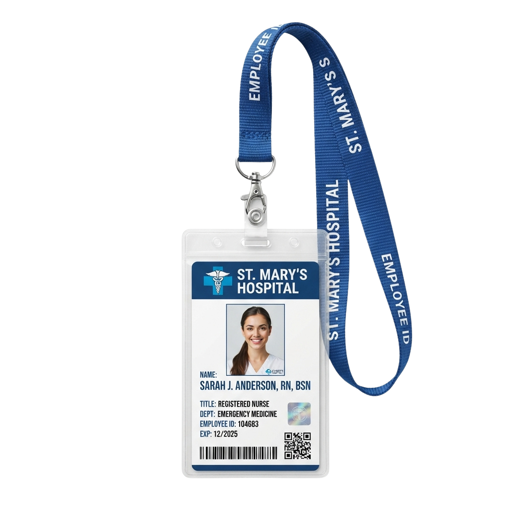 Hospital employee ID badge featuring a nurse’s photo, name, job title, and hospital logo on a blue lanyard