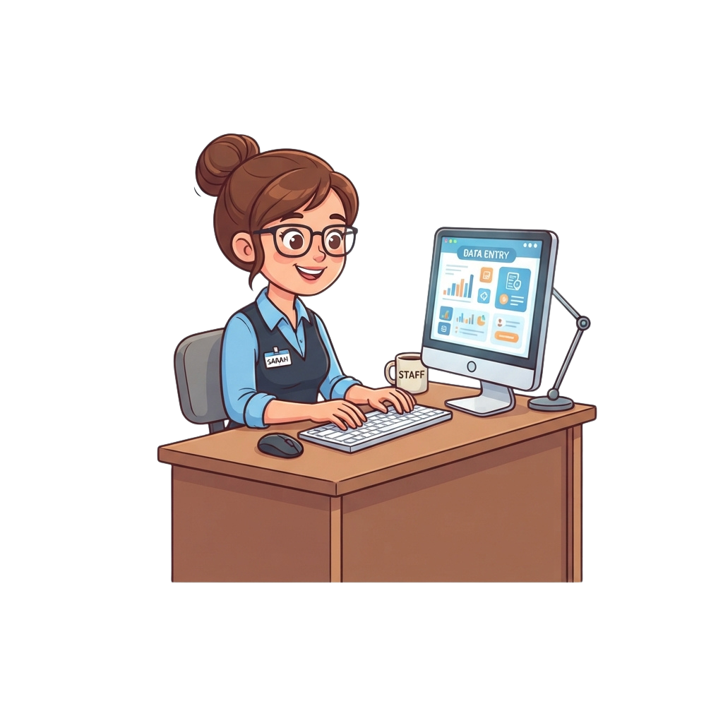 Illustration of a smiling staff member typing on a computer with a data entry screen
