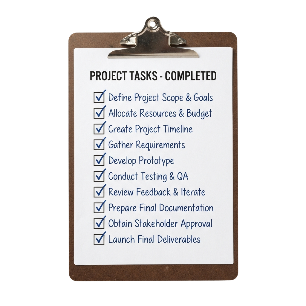 Clipboard with completed project tasks checklist including defining scope, resource allocation, and final deliverables
