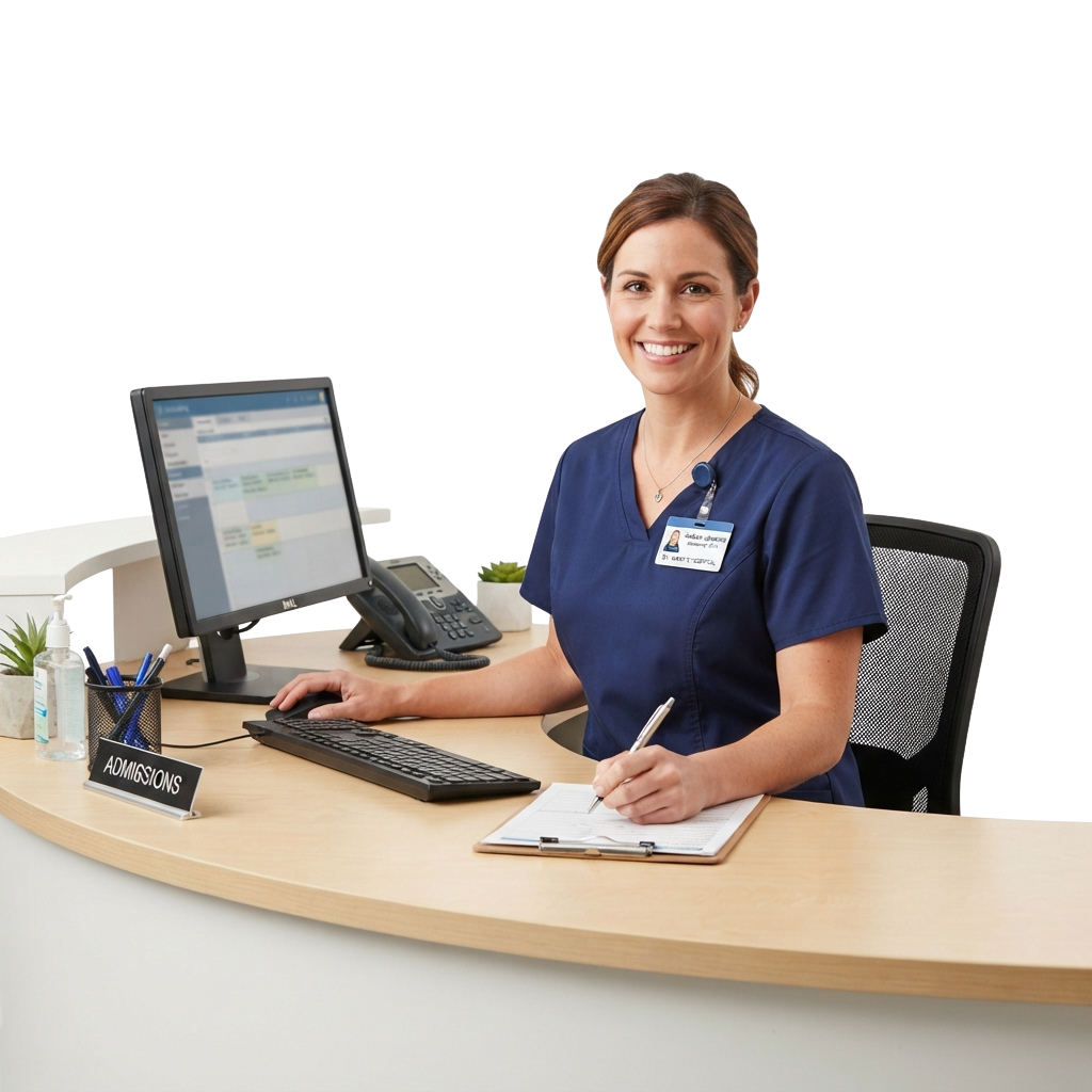 A medical professional in blue scrubs smiling while sitting at an admissions desk with a computer and clipboard.