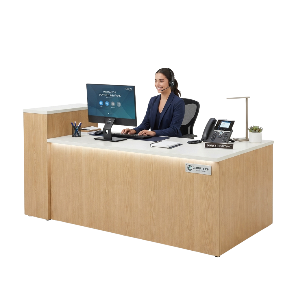 A receptionist seated at a wooden reception desk with a computer, phone, and headset.