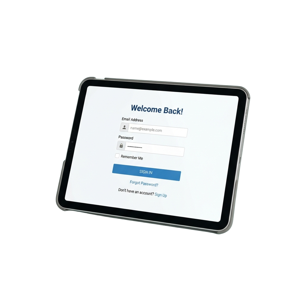 Tablet screen displaying a login form with email, password fields, and sign-in button