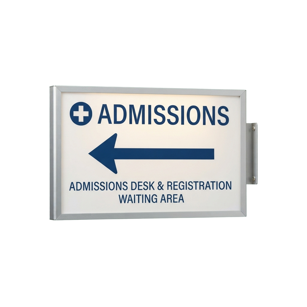 Sign pointing left to admissions desk and registration waiting area with medical cross symbol
