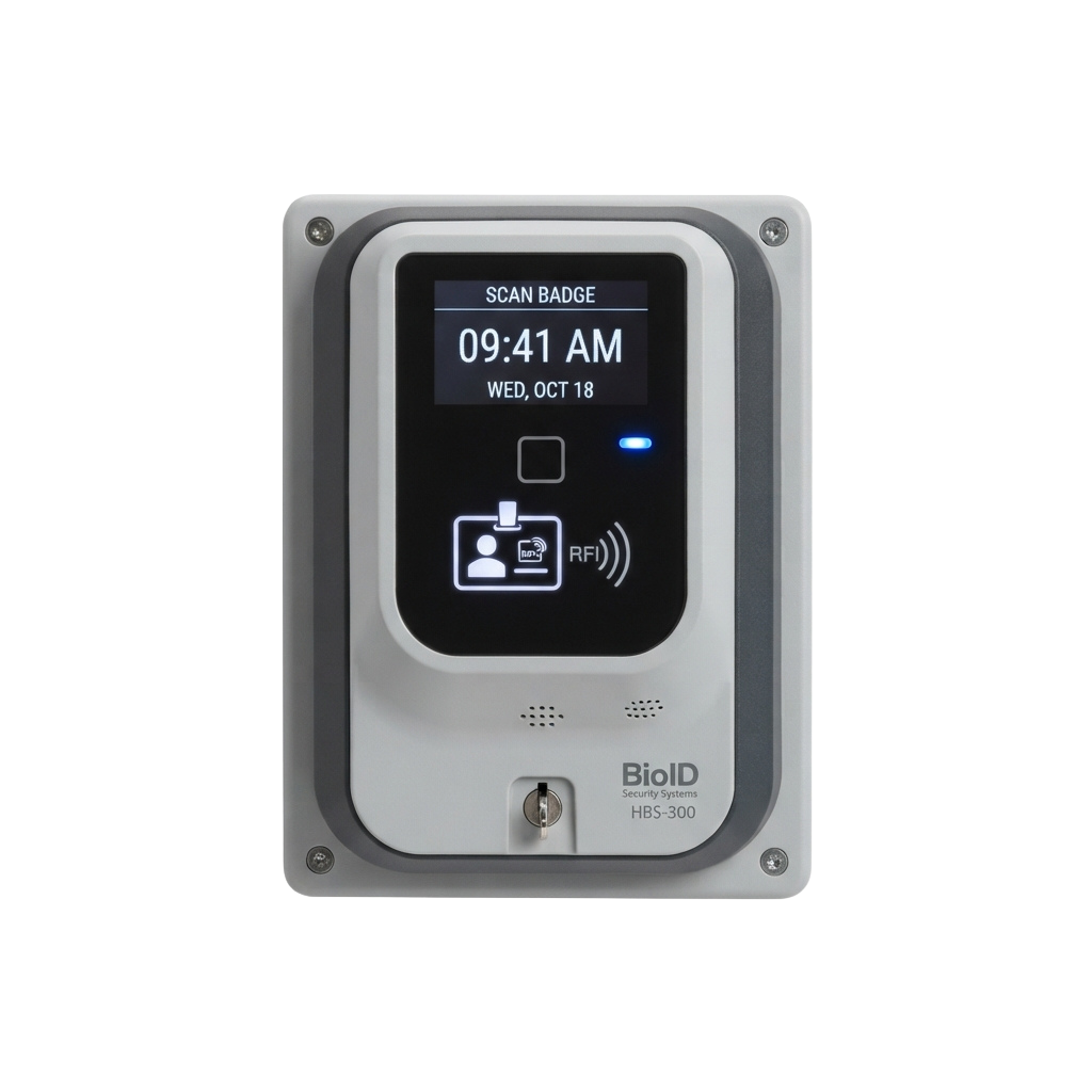 Biometric badge scanner displaying time, date, and authentication icons