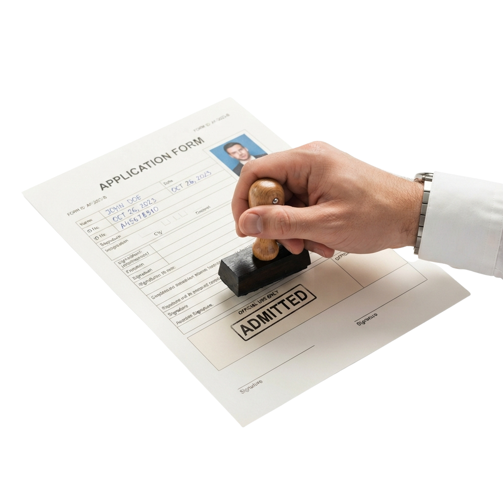 Hand stamping an application form with the word admitted in a boxed area