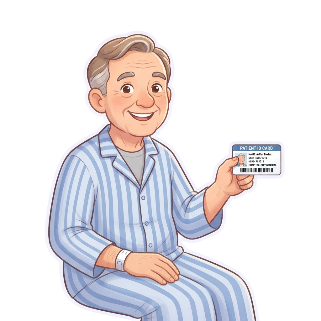 Illustration of a smiling elderly man holding a patient ID card