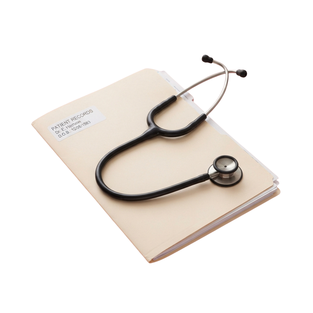 A black stethoscope resting on top of a patient records folder against a black background