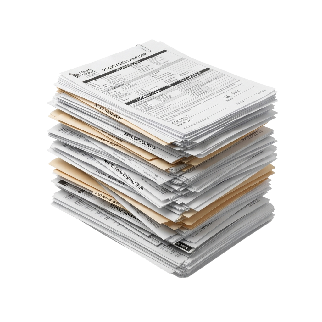 A tall stack of white insurance policy documents with black text and forms visible on top.
