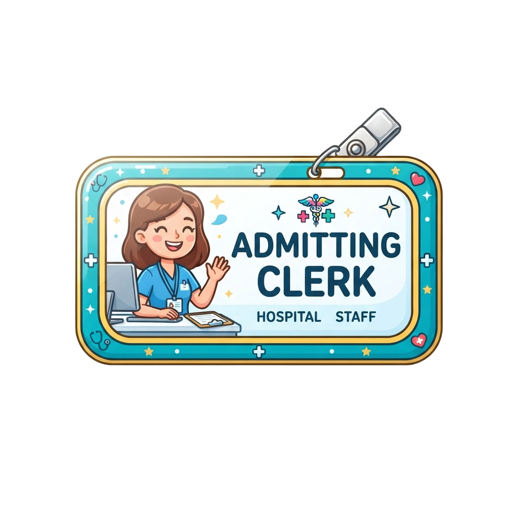 Illustration of a smiling admitting clerk at a desk with a name badge keychain labeled Admitting Clerk Hospital Staff