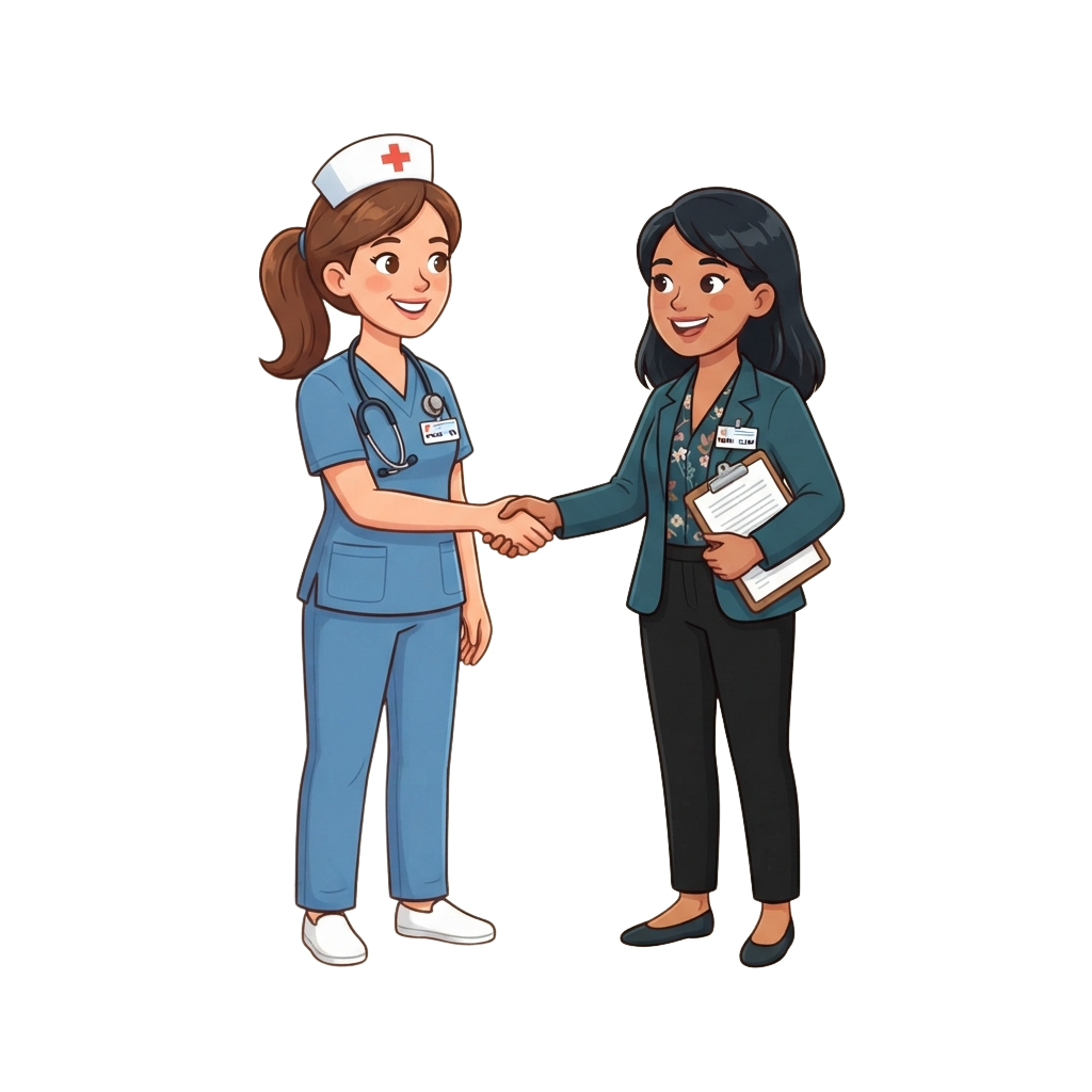 Two smiling medical professionals shaking hands in a friendly greeting