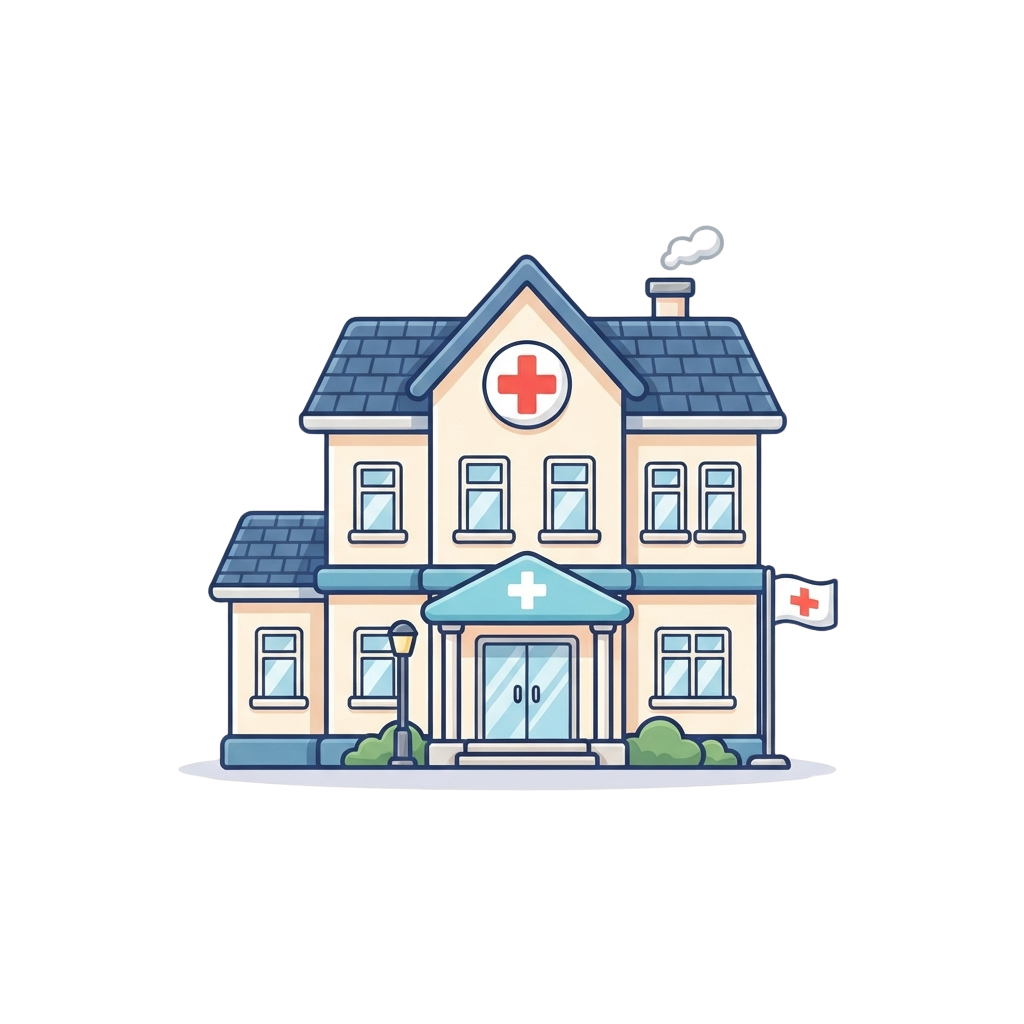 Illustration of a two-story medical clinic building with red cross symbols on the roof and entrance awning, and a flag with a cross.