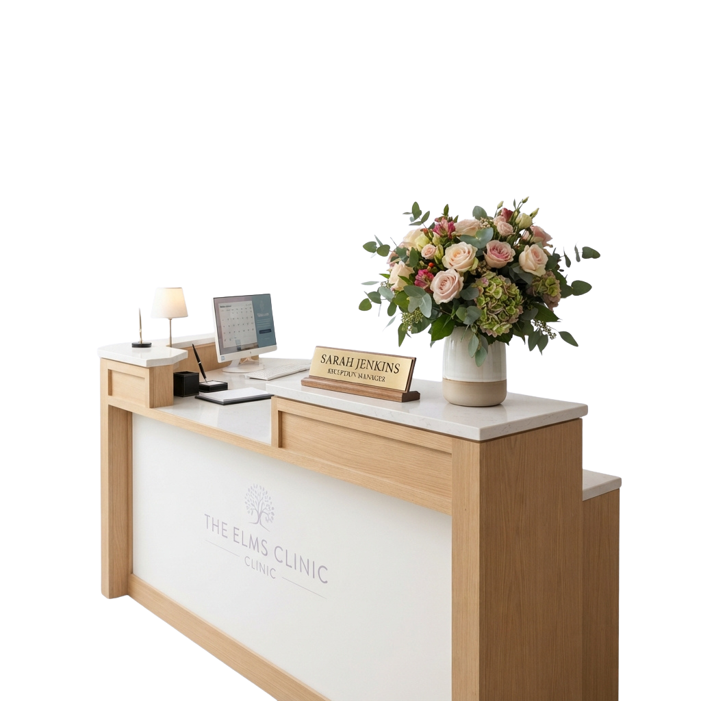 A sleek reception desk at a medical clinic featuring a computer, nameplate, lamp, and floral arrangement.