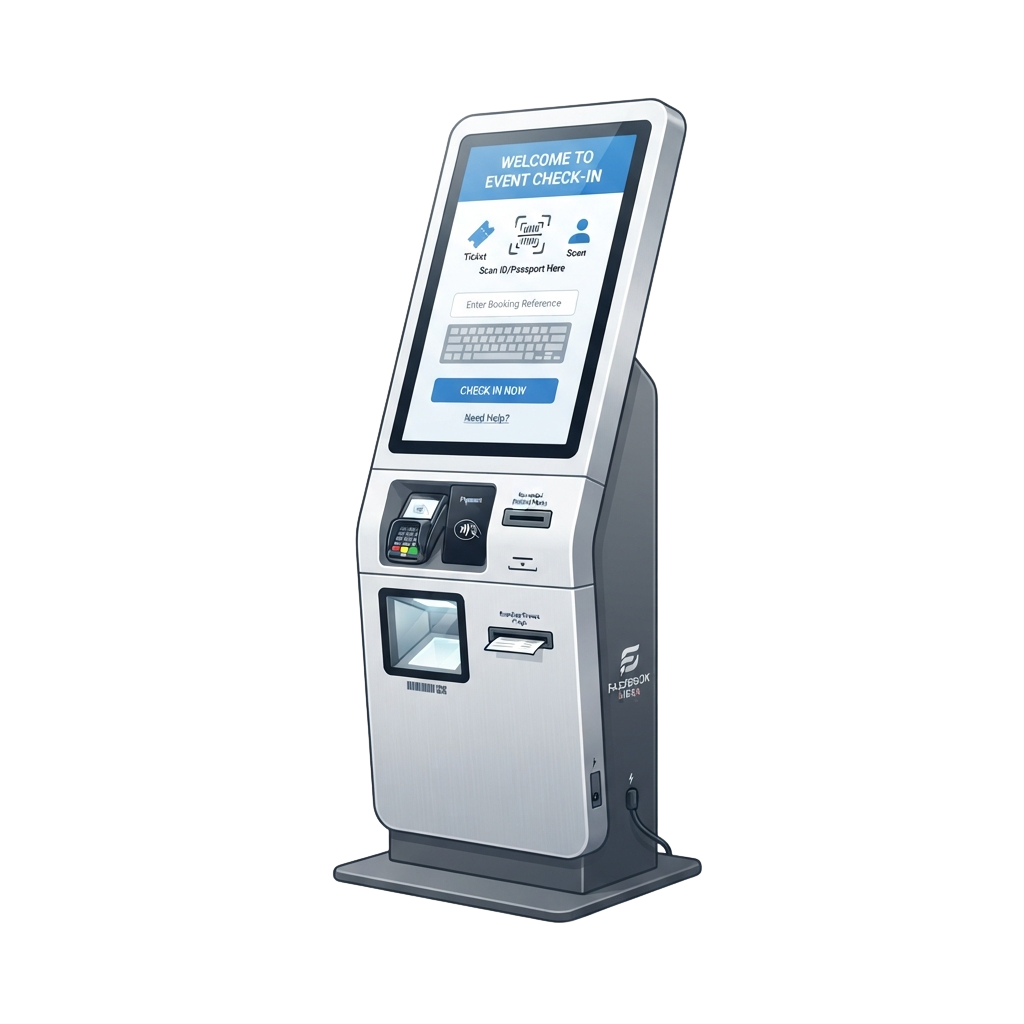 Self-service event check-in kiosk with screen displaying ticket scanning and passport options