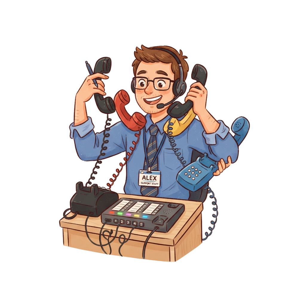 Cartoon support staff member smiling while holding three old-style telephones to ears and shoulders, wearing a headset and name tag