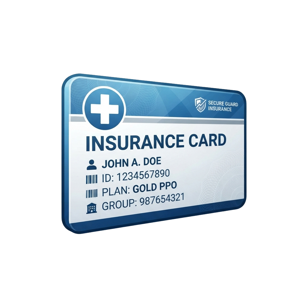 Insurance card displaying name, ID number, plan type, and group number with a medical cross icon