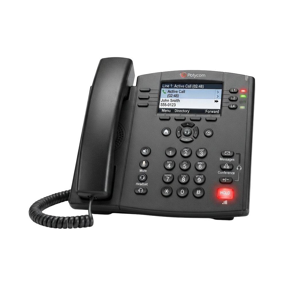Black office phone showing an active call with caller information on the screen