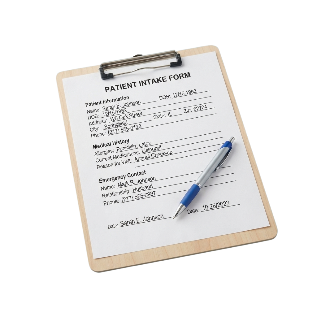 Clipboard showing a patient intake form with personal details, medical history, and emergency contact information
