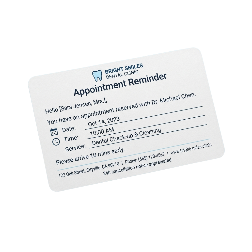 White dental clinic appointment reminder card showing date, time, and service details