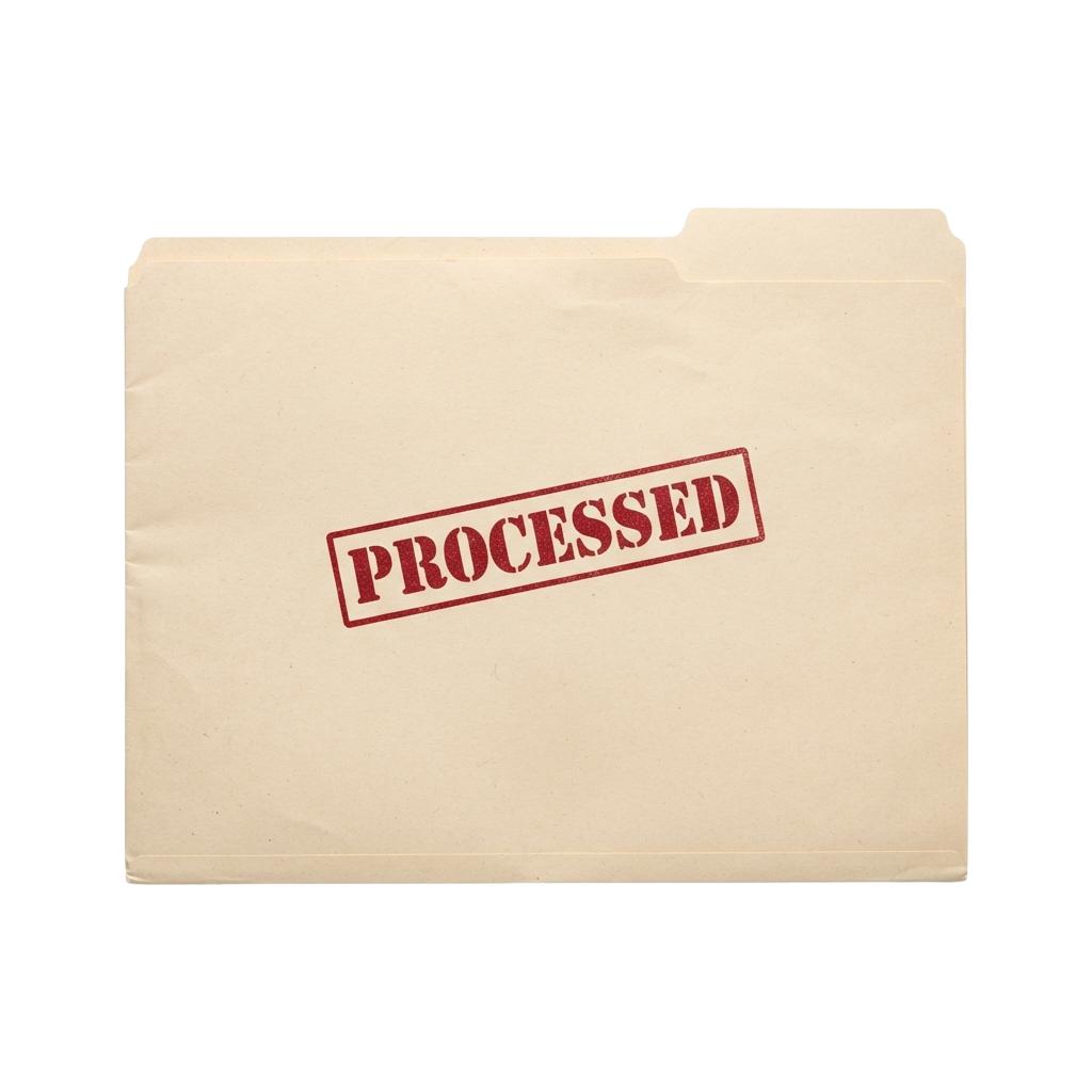 A beige file folder with the word processed stamped in red across the tab