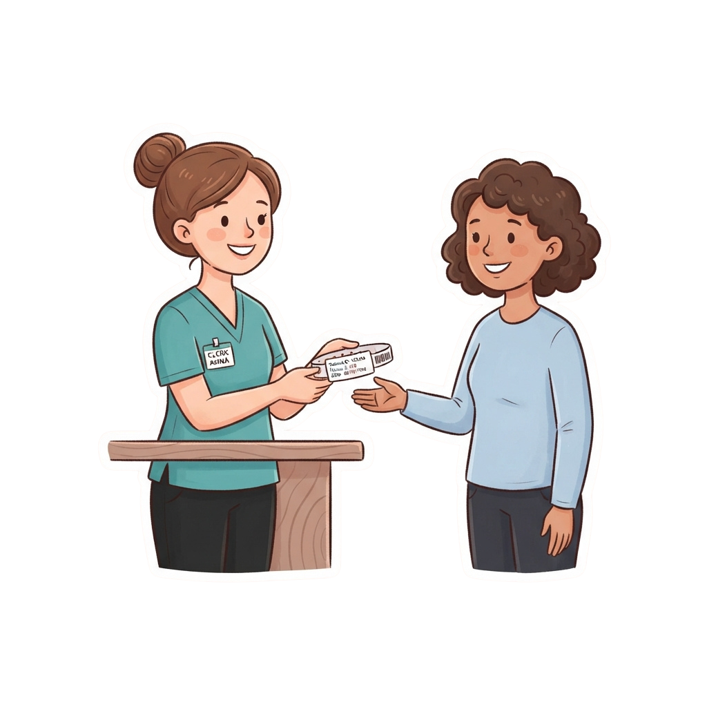 A nurse handing a prescription box to a smiling patient at a counter