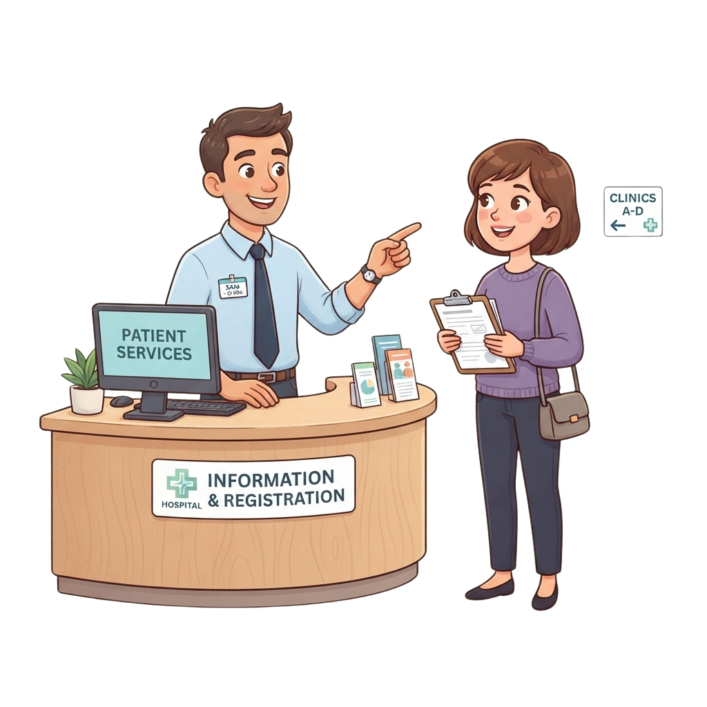 A hospital staff member assisting a patient at the information and registration desk